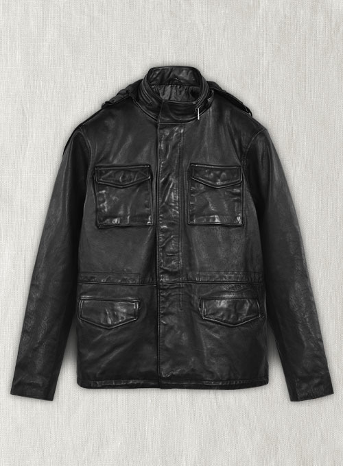 (image for) Black Military M-65 Hood Leather Jacket - Click Image to Close