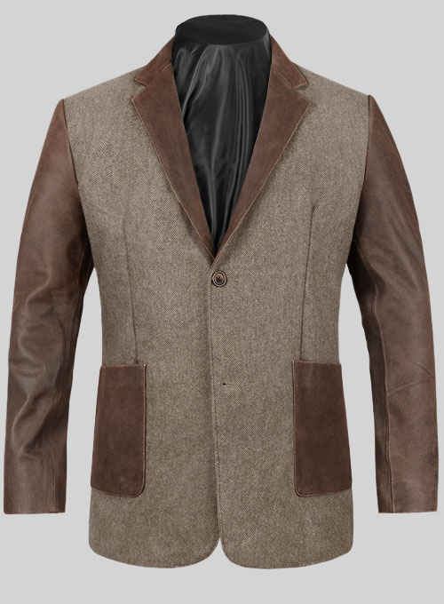 Vintage Dark Brown Herringbone Tweed Leather Combo Blazer # 652