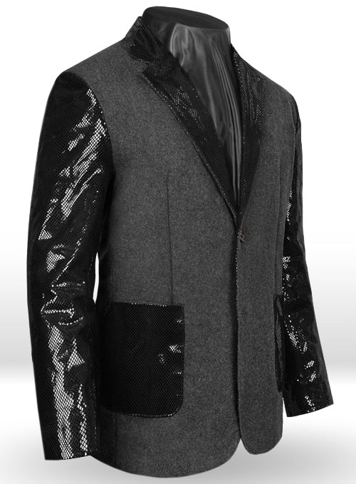 (image for) Vintage Plain Dark Gray Tweed Leather Combo Blazer # 652 - Click Image to Close