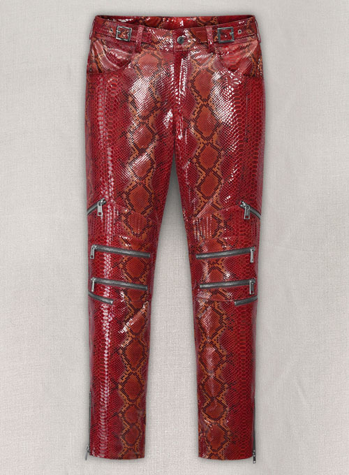 (image for) Bold Red Python Electric Zipper Mono Leather Pants - Click Image to Close