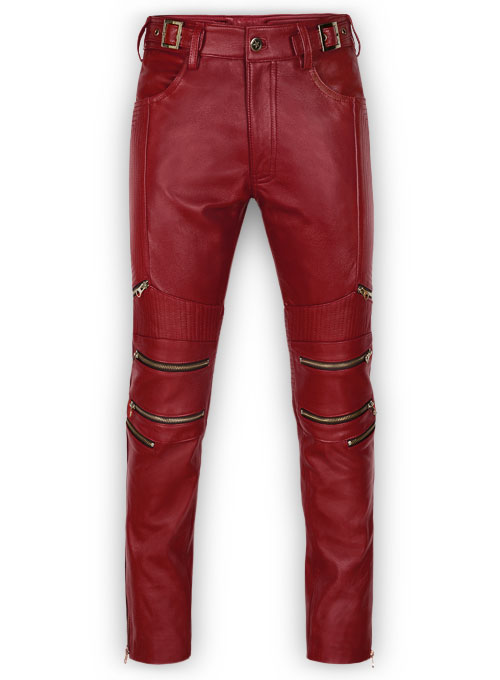 Cherry Red Electric Zipper Mono Leather Pants