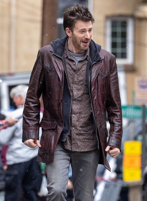  Chris Evans Red One Leather Trench Coat