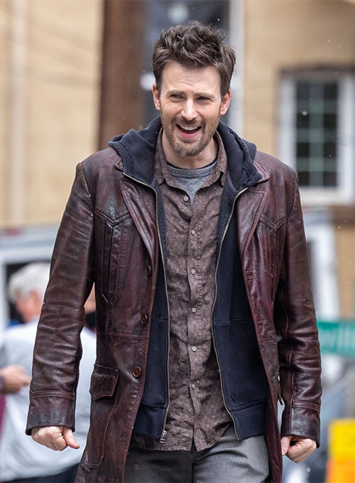 Chris Evans Red One Leather Trench Coat