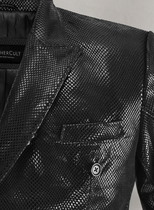 Snake Emboss Black Leather Blazer