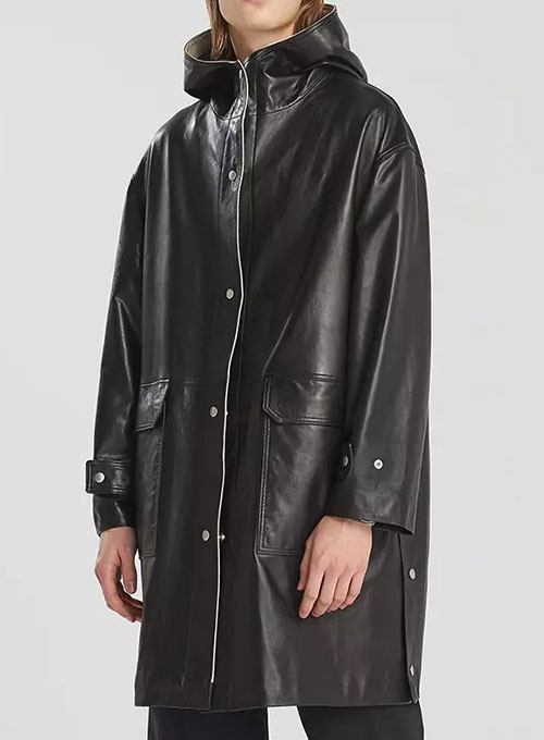 hooded black leather trench coat