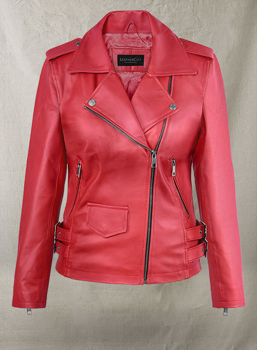 (image for) Soft Raspberry Red Gigi Hadid Leather Jacket #2 - Click Image to Close
