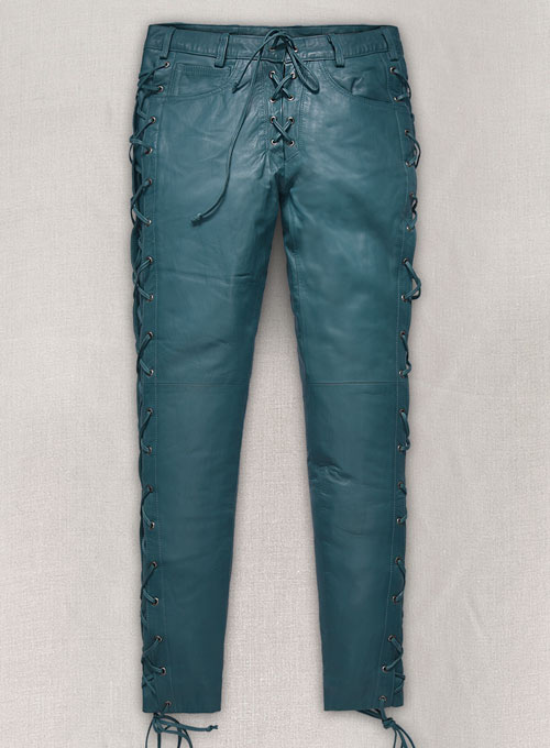 (image for) Soft Prussian Blue Washed & Wax Leather Pants #515 - Click Image to Close