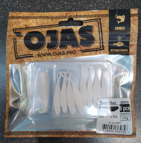 Приманка Nanoshad42, White (fluo),9шт/пакет+блистер, аромат Рак-рыба,OJAS