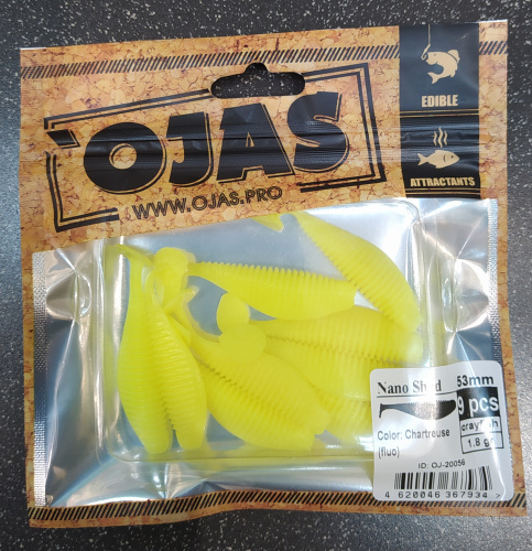Приманка Nanoshad53, Сhartreuse (fluo),9шт/пакет+блистер, аромат Рак-рыба,OJAS