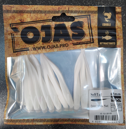 Приманка SoftTail67, White (fluo),10шт/пакет+блистер, аромат Рак-рыба,OJAS
