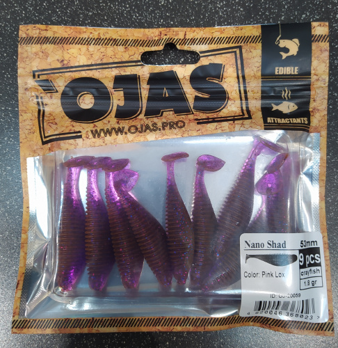 Приманка Nanoshad53, Pink Lox,9шт/пакет+блистер, аромат Рак-рыба,OJAS