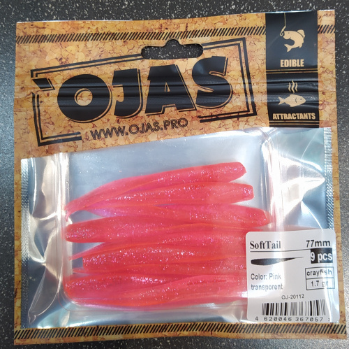Приманка SoftTail77, Pink tr,9шт/пакет+блистер, аромат Рак-рыба,OJAS