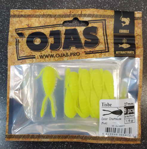 Приманка Tisbе27, Сhartreuse (fluo),9шт/пакет+блистер, аромат Рак-рыба,OJAS