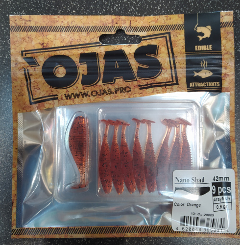 Приманка Nanoshad42, Orange,9шт/пакет+блистер, аромат Рак-рыба,OJAS