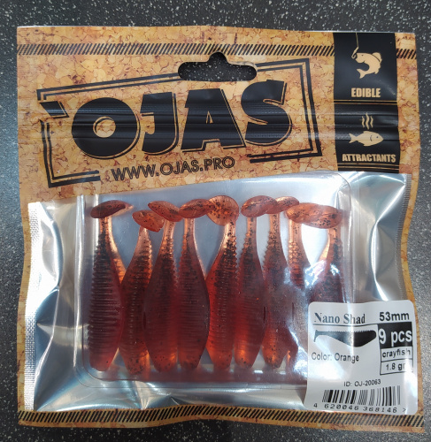Приманка Nanoshad53, Orange,9шт/пакет+блистер, аромат Рак-рыба,OJAS