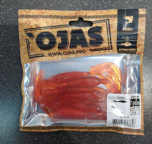 Приманка Sorry Zander34, Orange,8шт/пакет+блистер, аромат Рак-рыба,OJAS