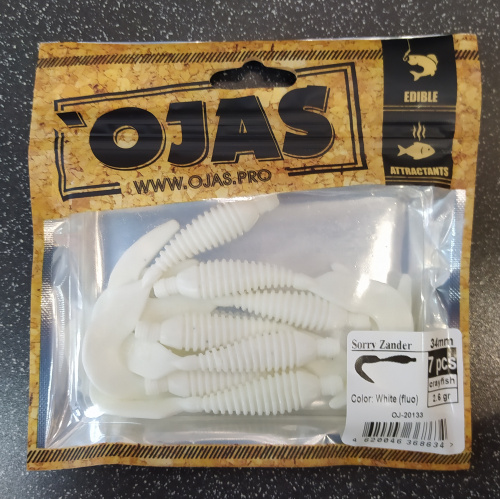 Приманка Sorry Zander34, White (fluo),8шт/пакет+блистер, аромат Рак-рыба,OJAS
