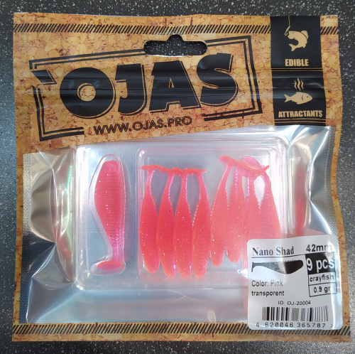 Приманка Nanoshad42, Pink tr,9шт/пакет+блистер, аромат Рак-рыба,OJAS