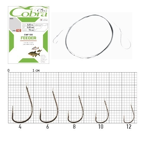 Крючки с поводком Cobra FEEDER 70cm, 0,20mm, разм.4, 10шт.					
