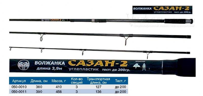 Удилище карп "Волжанка Сазан-2" 3.6м (3 секции) тест до 200гр (IM7)
