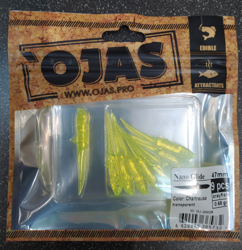 Приманка NanoGlide47, Chartreuse tr,9шт/пакет+блистер, аромат Рак-рыба,OJAS