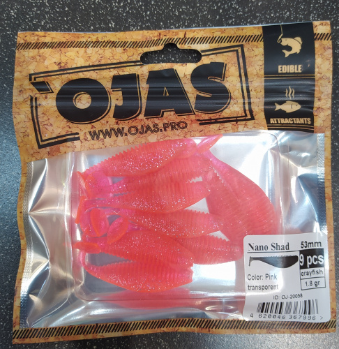 Приманка Nanoshad53, Pink tr,9шт/пакет+блистер, аромат Рак-рыба,OJAS