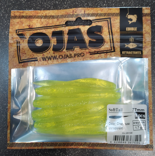 Приманка SoftTail77, Chartreuse tr,9шт/пакет+блистер, аромат Рак-рыба,OJAS