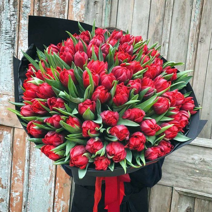 Букет из 101 красного пионовидного тюльпана