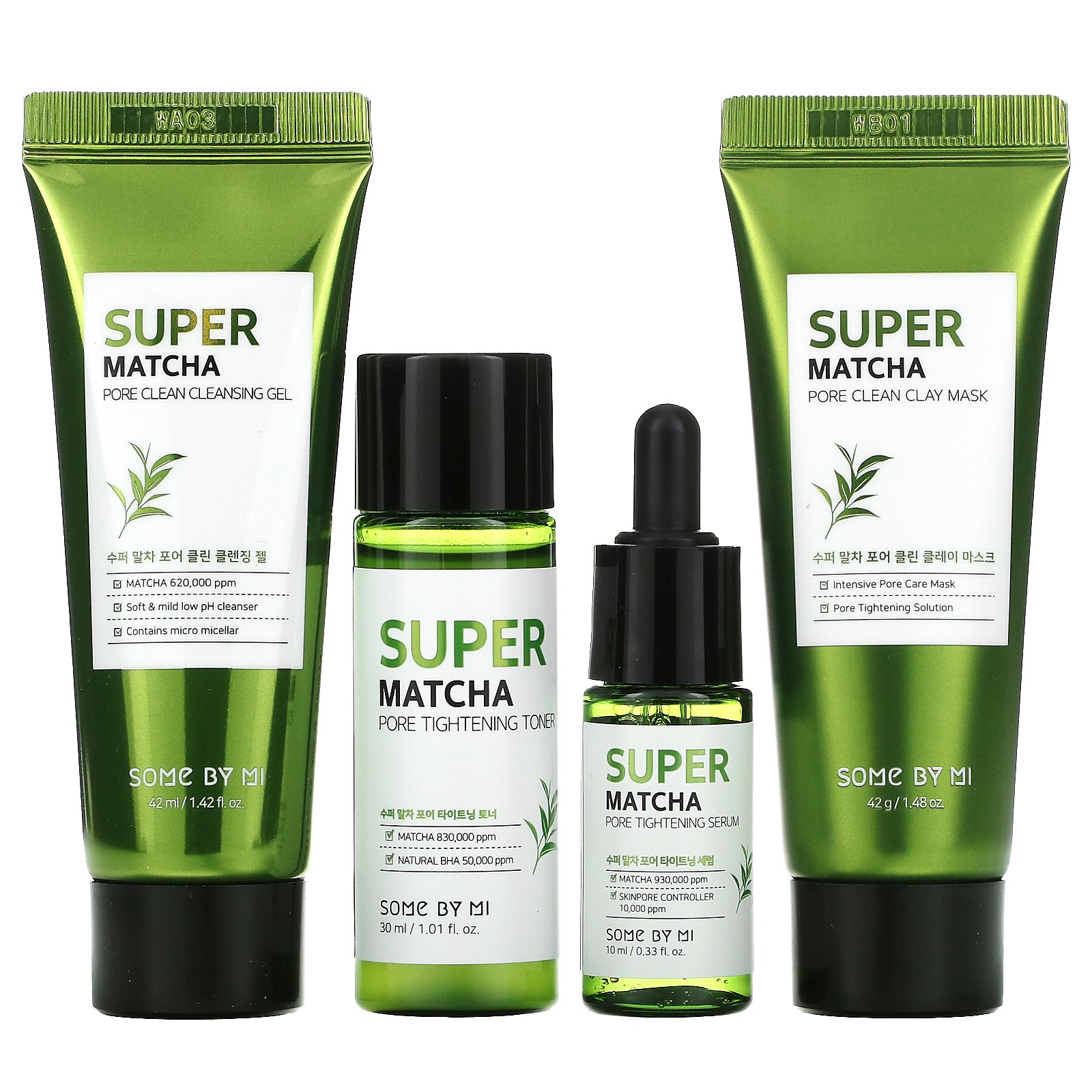 Набор: гель, маска, тонер, сыворотка SOME BY MI SUPER MATCHA PORE CARE STARTER KIT